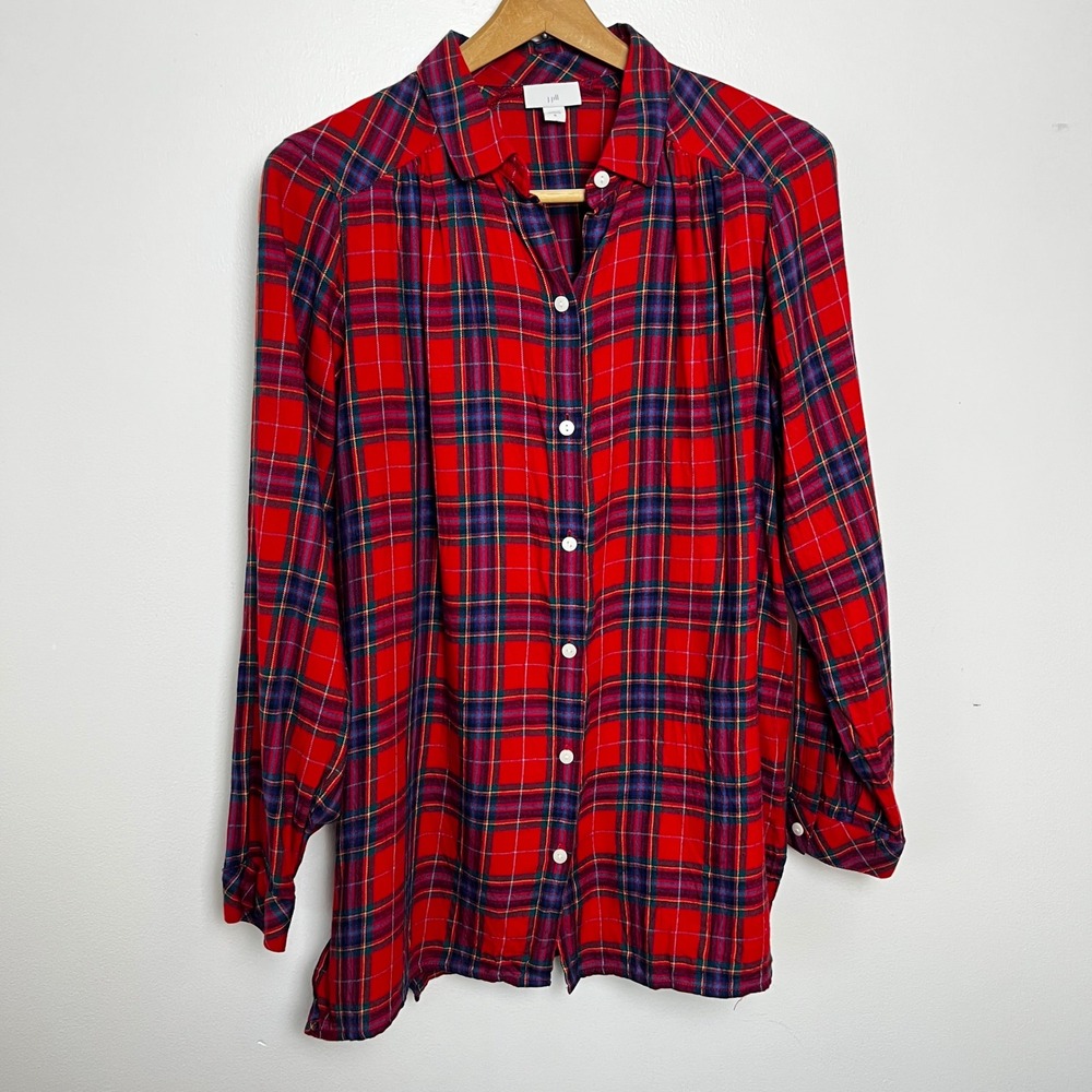J. Jill Red‎ Plaid Button Down Womens Medium Cotton Blend Long Sleeve Collared